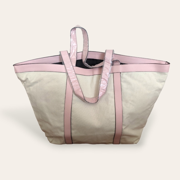 NWT Victoria's Secret Large White and Pink Tote Beach Travel Bag Rhinestones - Picture 2 of 6